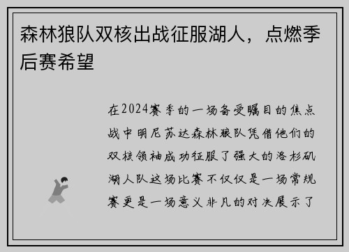 森林狼队双核出战征服湖人，点燃季后赛希望